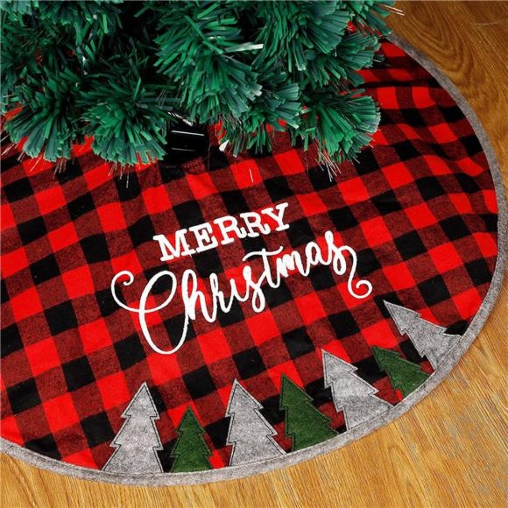 32 Inch Christmas Tree Skirt, Soft Red and Black Plaid Christmas Tree Mat